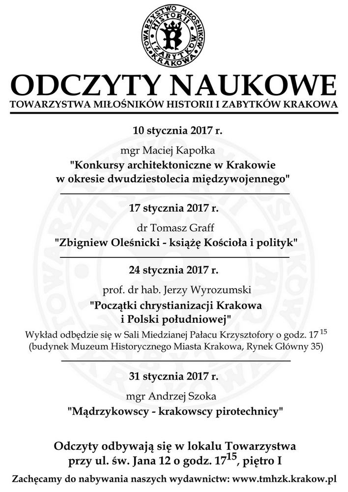 styczenafiszwww - Odczyty naukowe w Towarzystwie Miłośników Historii i Zabytków Krakowa - styczeń 2017