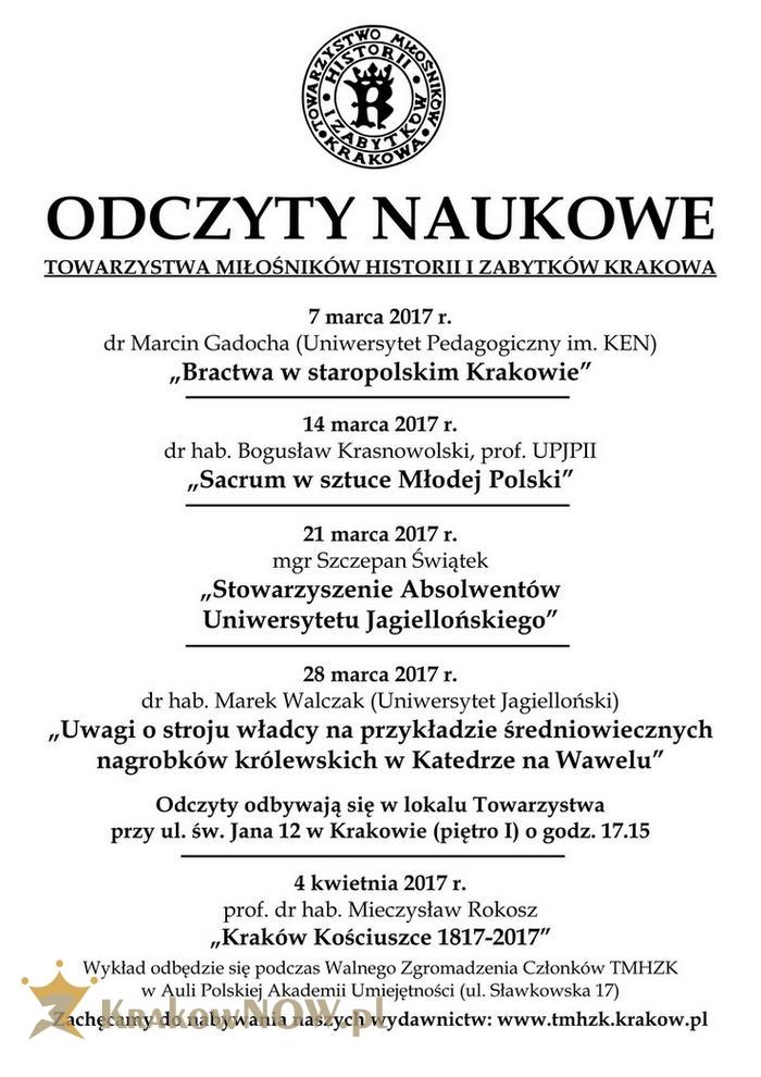 marzec - Odczyty naukowe w Towarzystwie Miłośników Historii i Zabytków Krakowa – marzec 2017