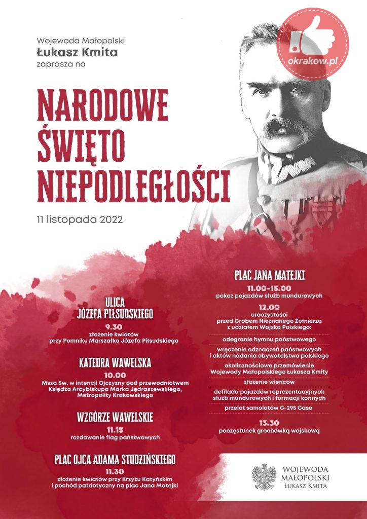 narodowe swieto niepodleglosci 11 listopada 2022 plakat png 724x1024 - Program obchodów Narodowego Święta Niepodległości w Krakowie