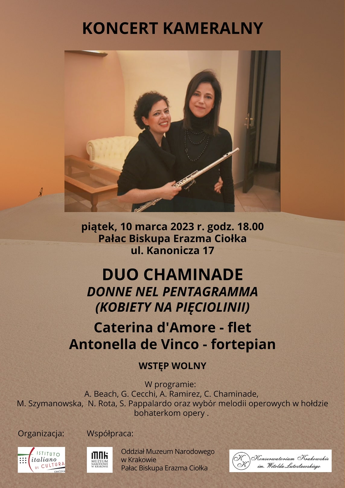 duo chaminade plakat red. jpg - Koncert kameralny DUO CHAMINADE (Włochy) - flet & fortepian