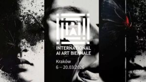Plakat Międzynarodowego Biennale Sztuki AI autorstwa Arkadiusza Marcinkowskiego